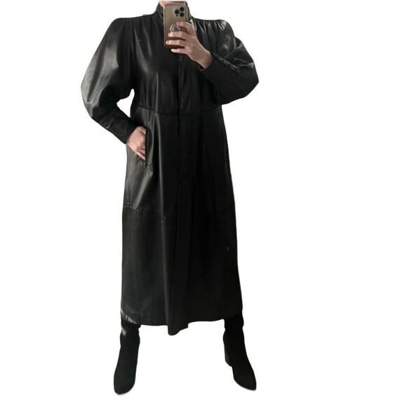 Vtg 80s Leather Coat Long Goth Whimsigoth Full Length Shoulder Pad Victorian L